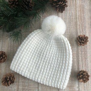 Handmade Crochet White Beanie Fur Pom Pom Hat